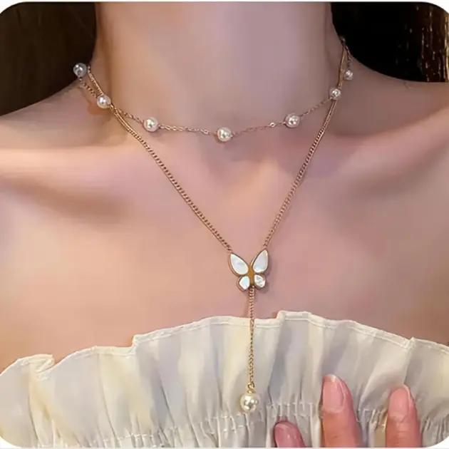 2 Layered pearl Necklace with earing