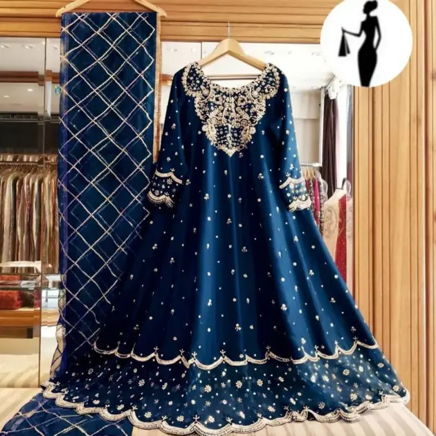 3 Pcs Women's Stitched Shamoz Silk Embroidered Maxi Suit