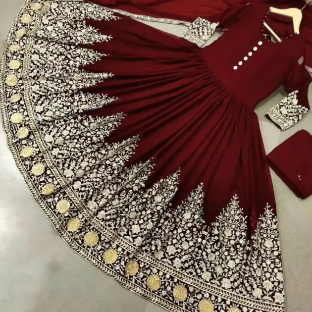 3 Pcs Women's Stitched Chiffon Embroidered Maxi And Trouser