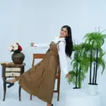 Stylish Women's Linen Dress & Blouse Set - 2 Pcs, Plain Brown