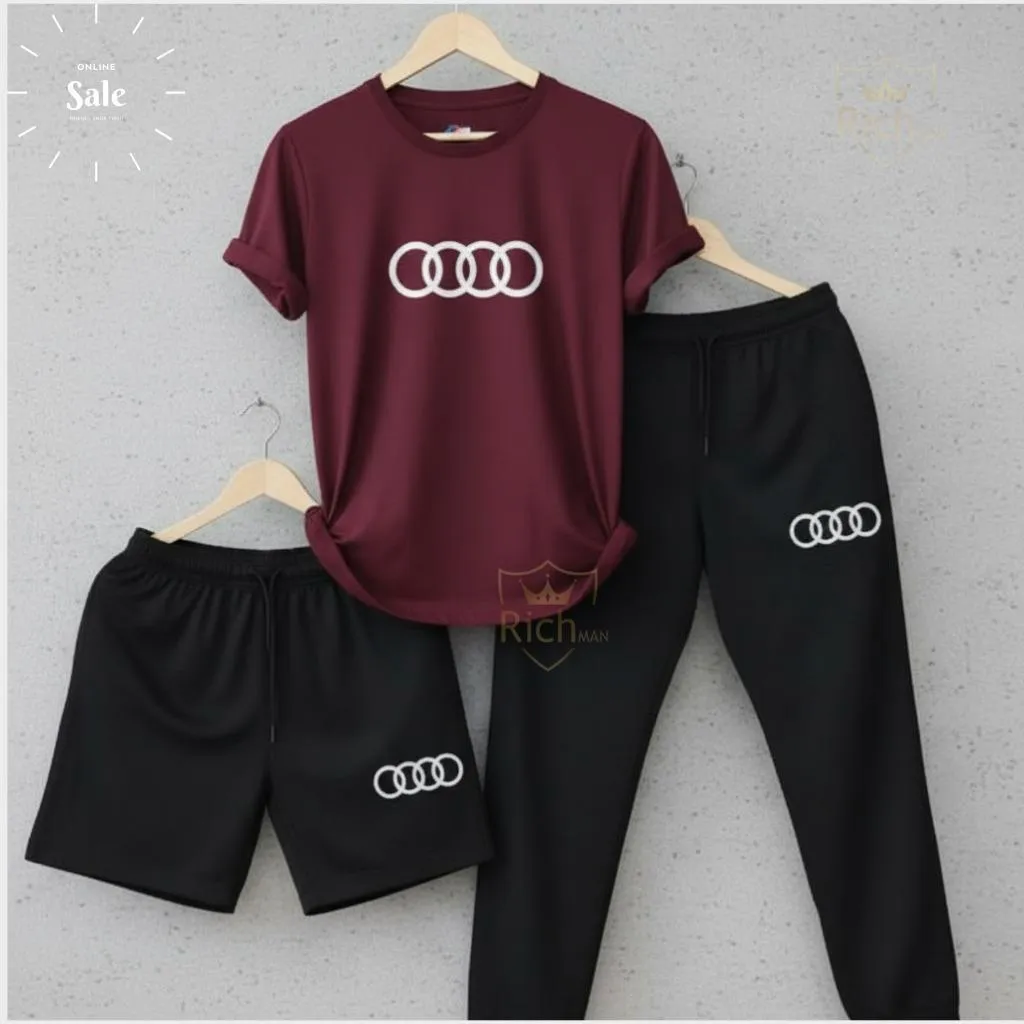 Audi Logo Summer Tracksuit Set – Pack of 3 (T-Shirt, Short & Trouser)