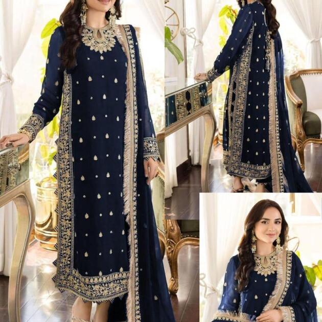 3 Pcs Women’s Stitched Crinkle Chiffon Embroidered Suit