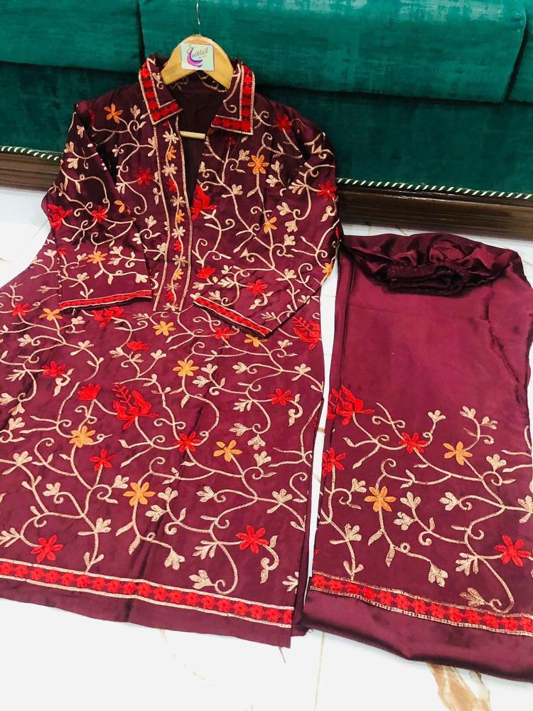 2 Pcs Women’s Stitched Katan Silk Embroidered Suit - Image 2