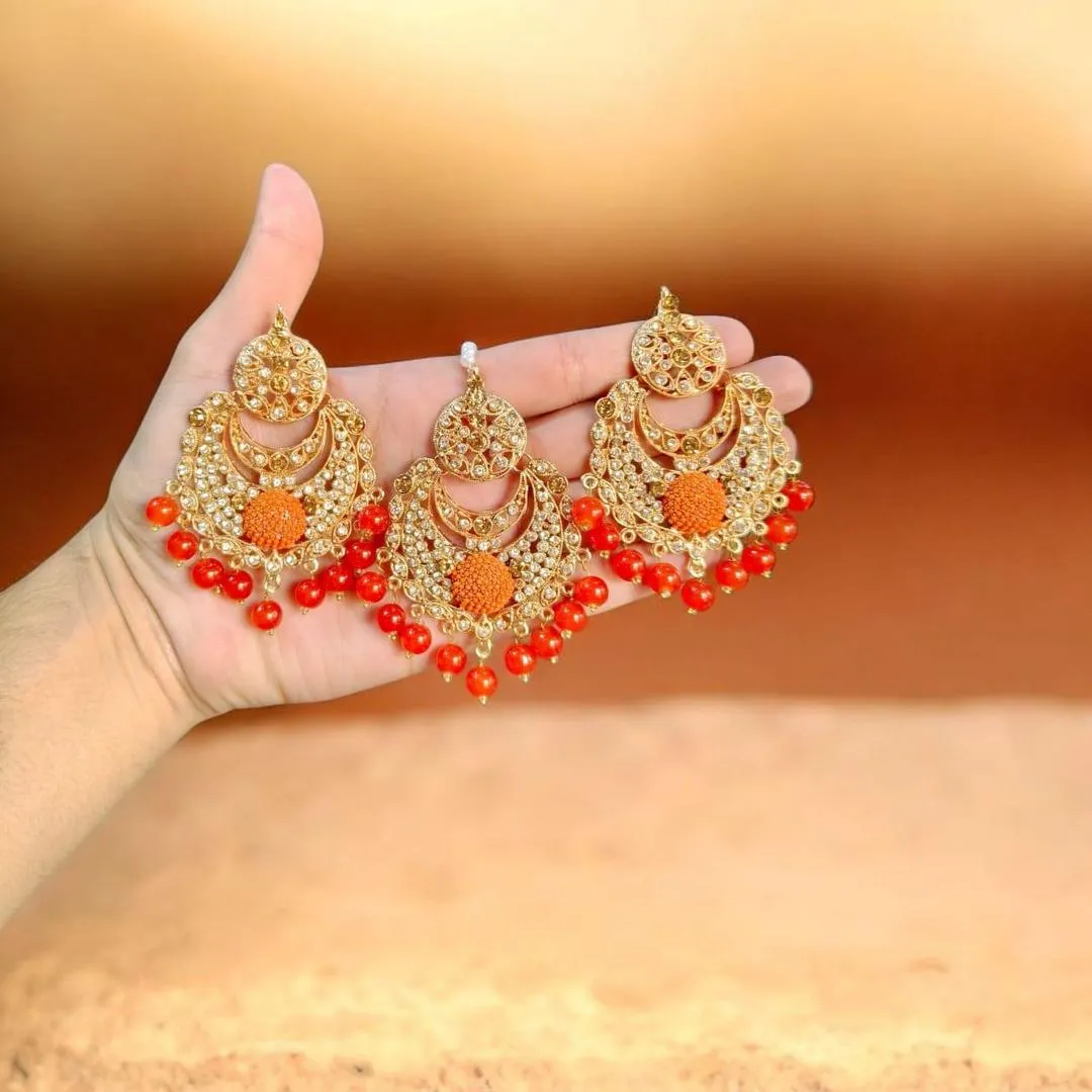 Fancy Gold Plated Crystal Earrings Bindia Set - Image 2