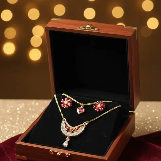 2 Layered Gold Plated Crystal Pendant Set