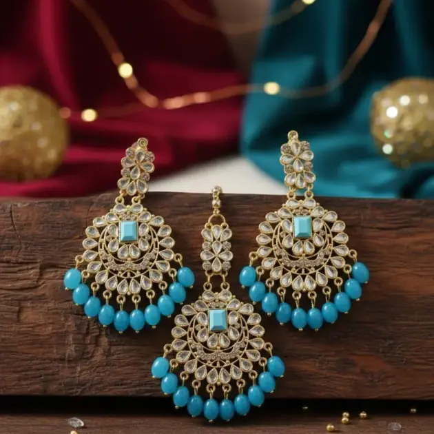 Turkish Design Gold Plated Crystal Earrings Bindia Set