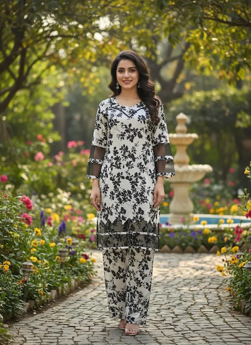 2 Pcs Women's Stitched Cotton Lawn Printed Shirt And Trouser - Image 2