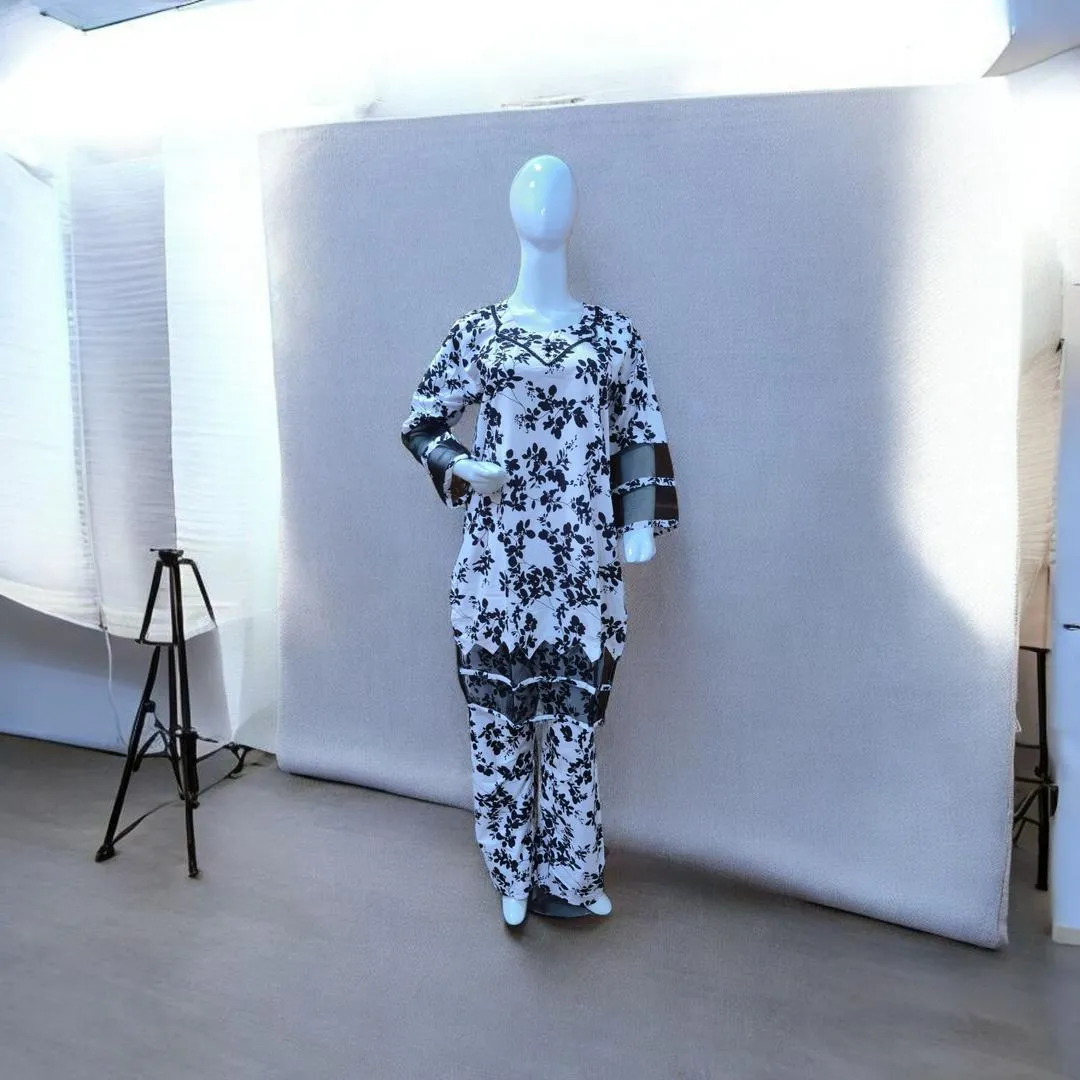 2 Pcs Women's Stitched Cotton Lawn Printed Shirt And Trouser - Image 4