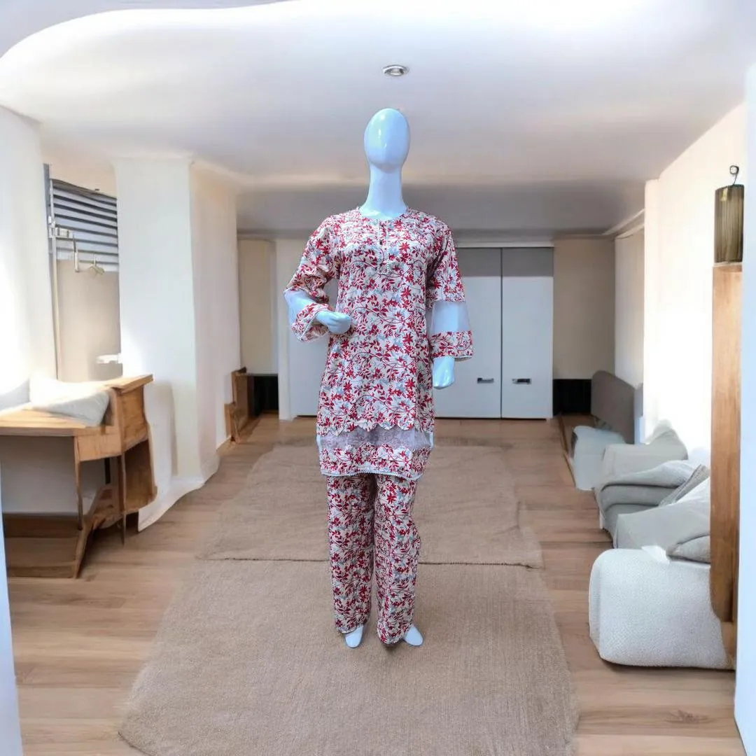 2 Pcs Women's Stitched Cotton Lawn Printed Shirt And Trouser - Image 3