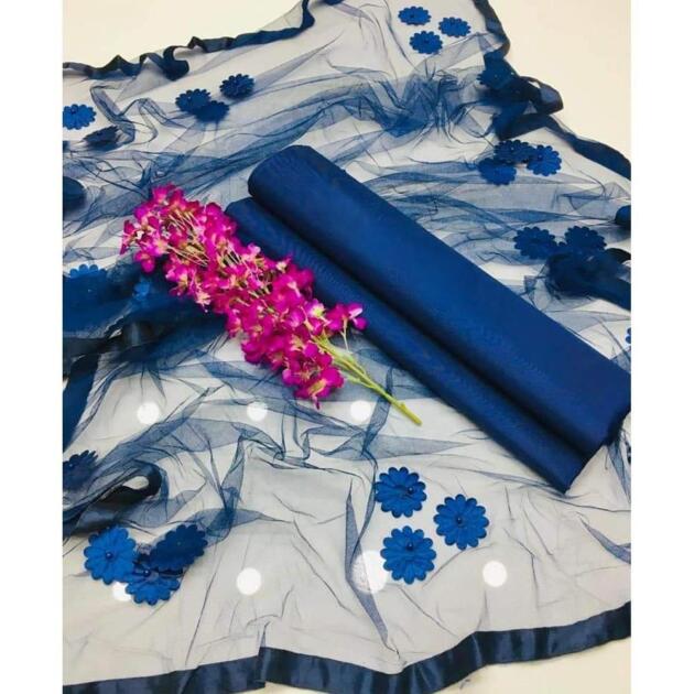 3 Pcs Women's Unstitched Katan Silk Plain Suit