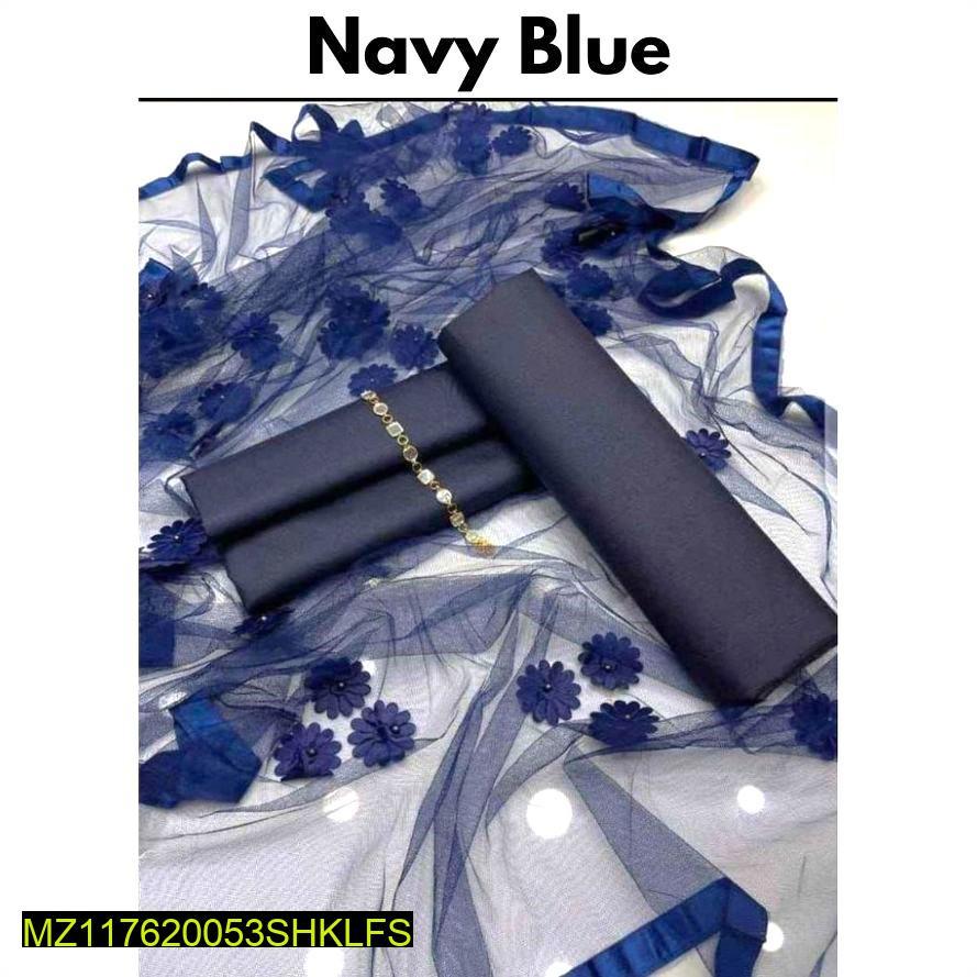 3 Pcs Women's Unstitched Katan Silk Plain Suit - Image 3