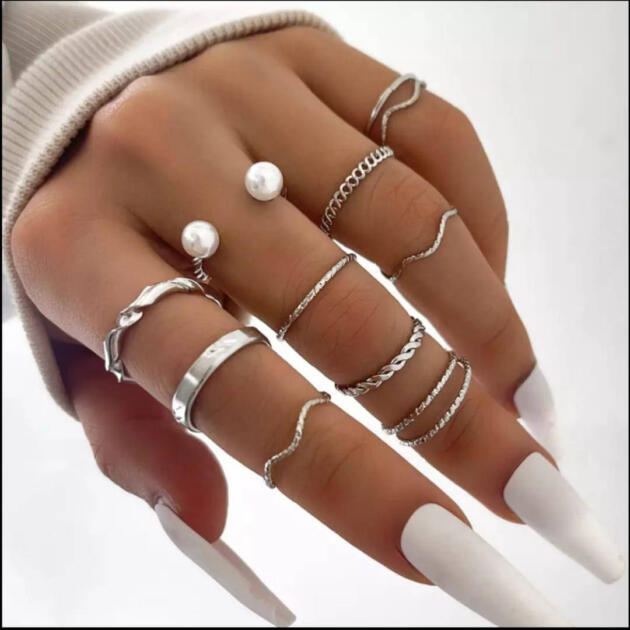 10 Pcs Alloy Silver Plated Plain Rings Set
