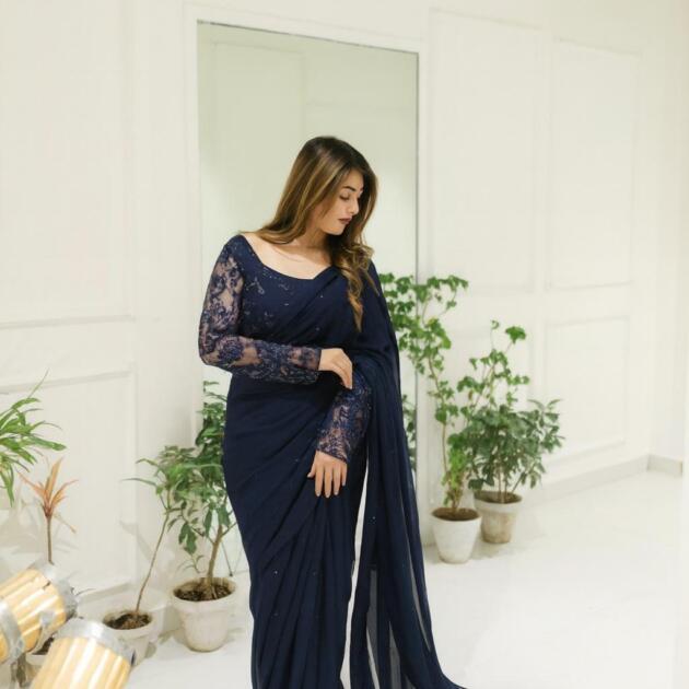 3 Pcs Women’s Chiffon Hand Embroidered Stitched Saree