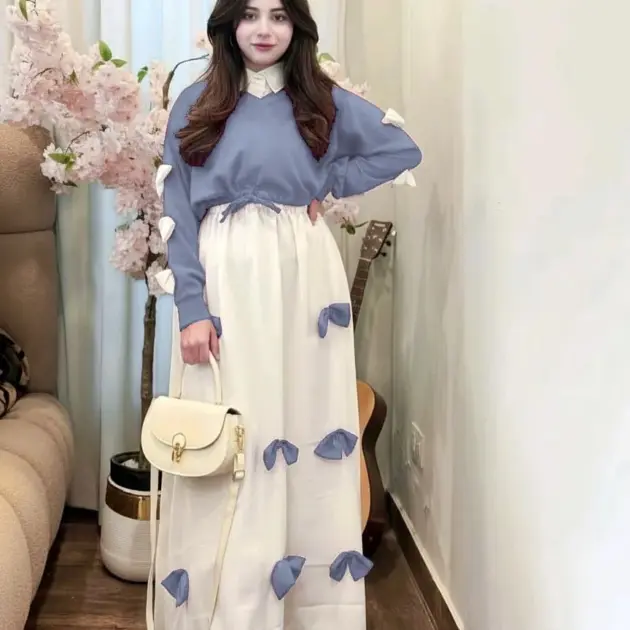 2 Pcs Women's Stitched Georgette Calligraphy Maxi and Jacket