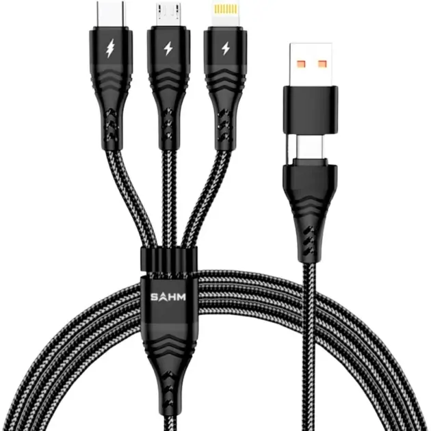 3 in 2 Fast Charger Cable 3.1A 65W Type-C, Micro USB, iPhone Durable Braided Wire Lightning Micro Type C