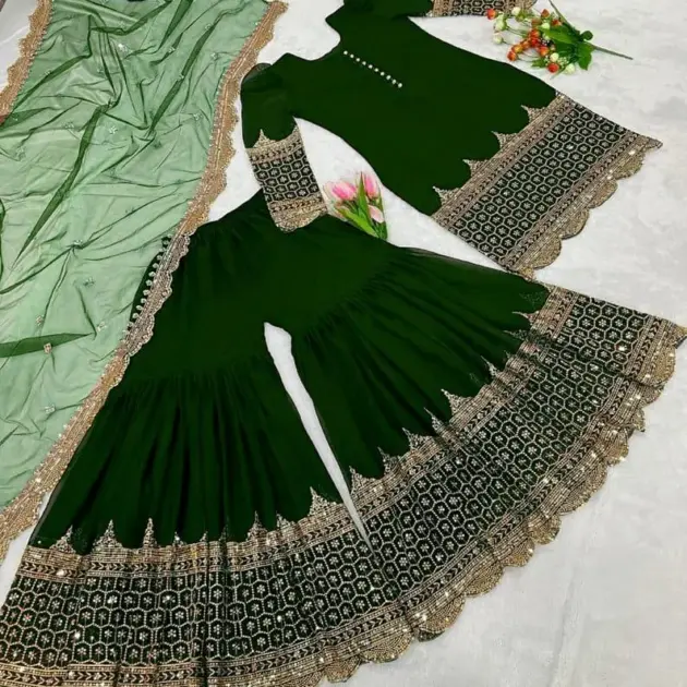 3 Pcs Women’s Stitched Shamoz Silk Sequins Embroidered Gharara Shirt