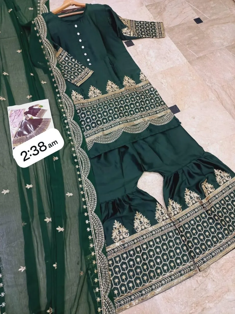 3 Pcs Women’s Stitched Shamoz Silk Sequins Embroidered Gharara Shirt - Image 2