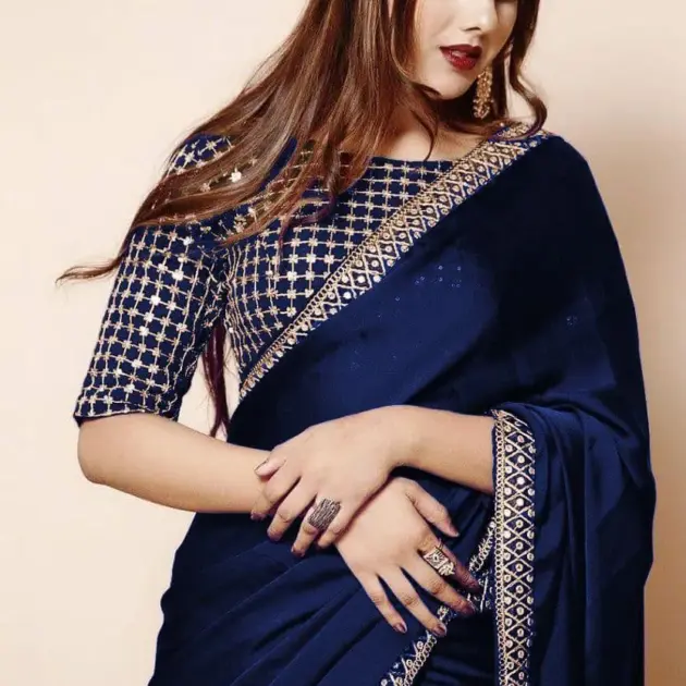 2 Pcs Women’s Shamoz Silk Embroidered Stitched Saree