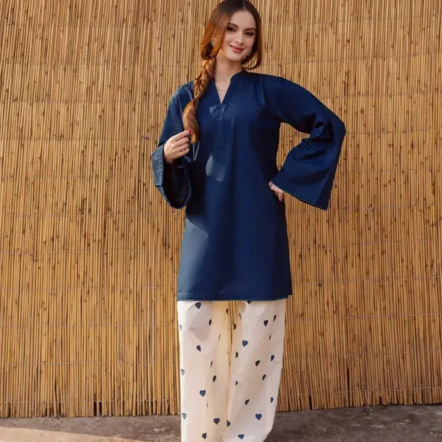 2 Pcs Women's Stitched Cotton Embroidered Shirt And Trouser