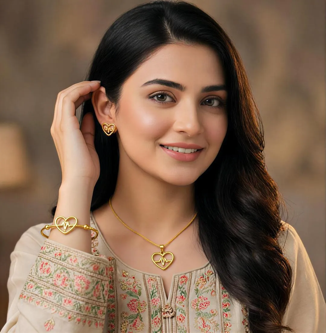 Heartbeat Design Gold Plated Necklace And Bracelet Set - Image 2