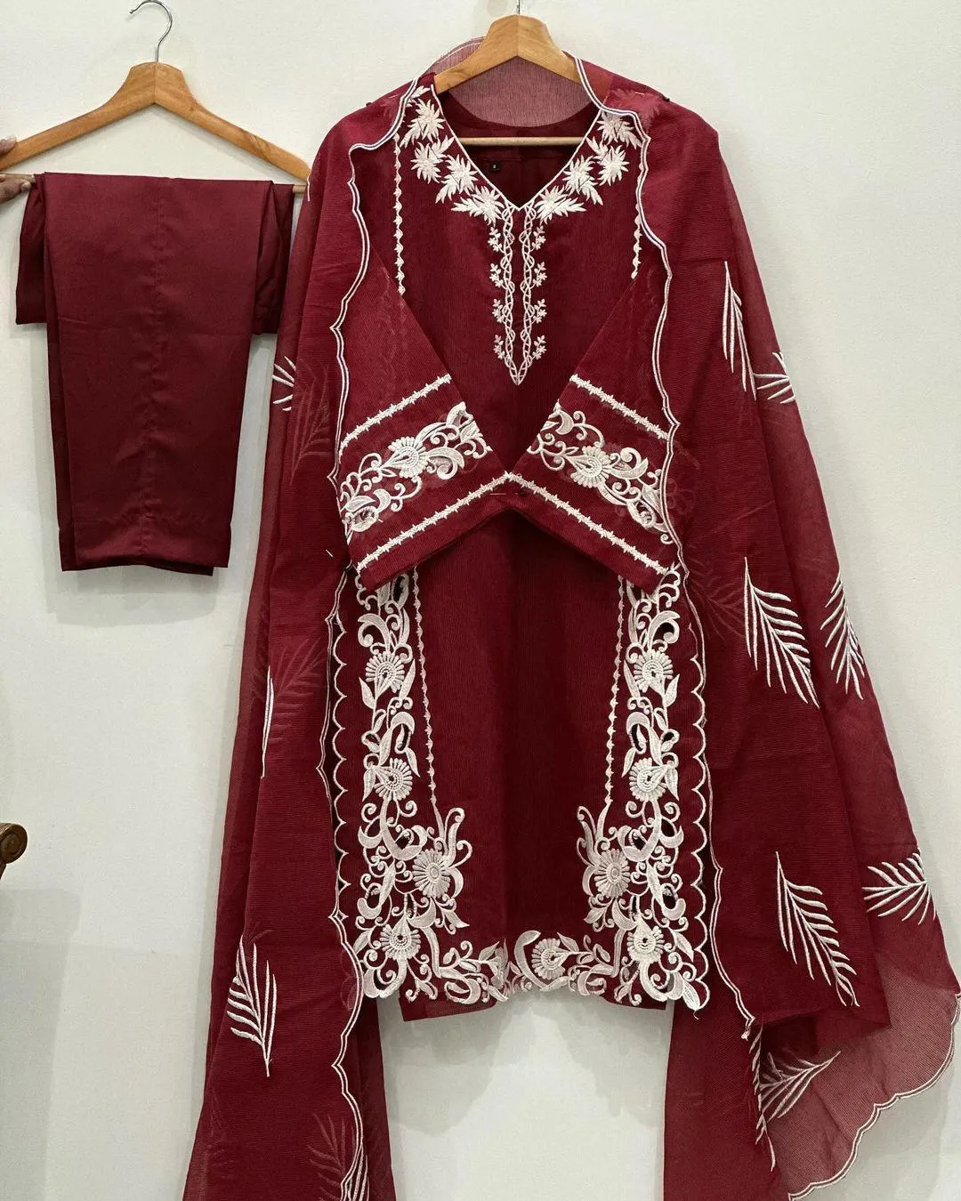 3 Pcs Women’s Stitched Silk Embroidered Suit - Image 2