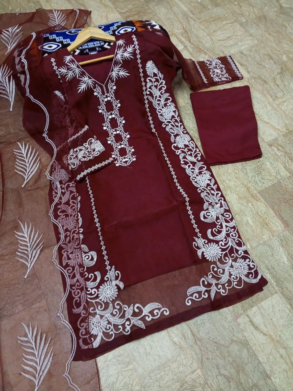 3 Pcs Women’s Stitched Silk Embroidered Suit - Image 3