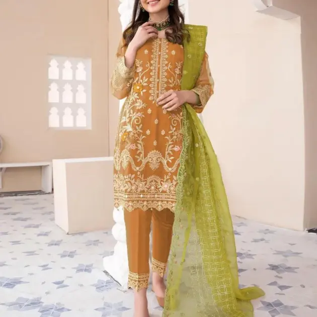 3 Pcs Women’s Stitched Raw Silk Embroidered Suit