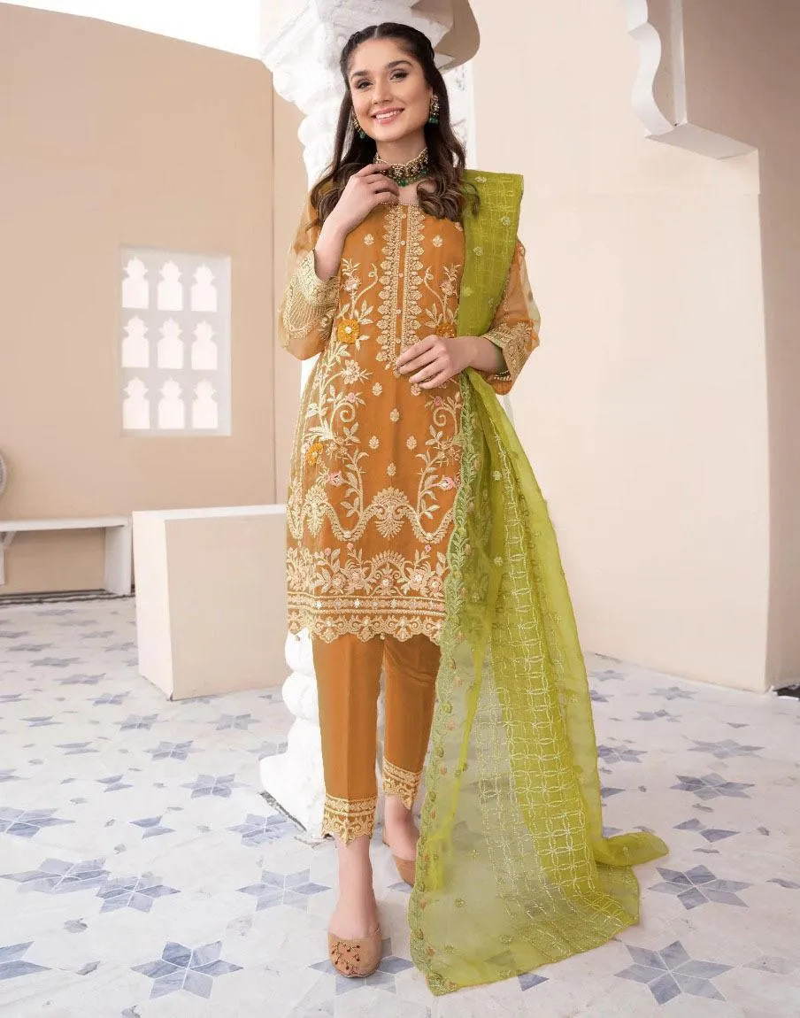 3 Pcs Women’s Stitched Raw Silk Embroidered Suit