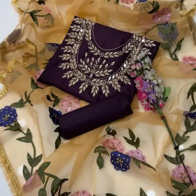 3 Pcs Women’s Unstitched Katan Silk Mirror Work Suit