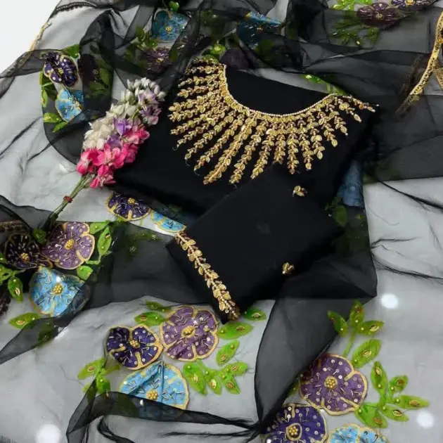 3 Pcs Women’s Unstitched Organza Hand Work Suit