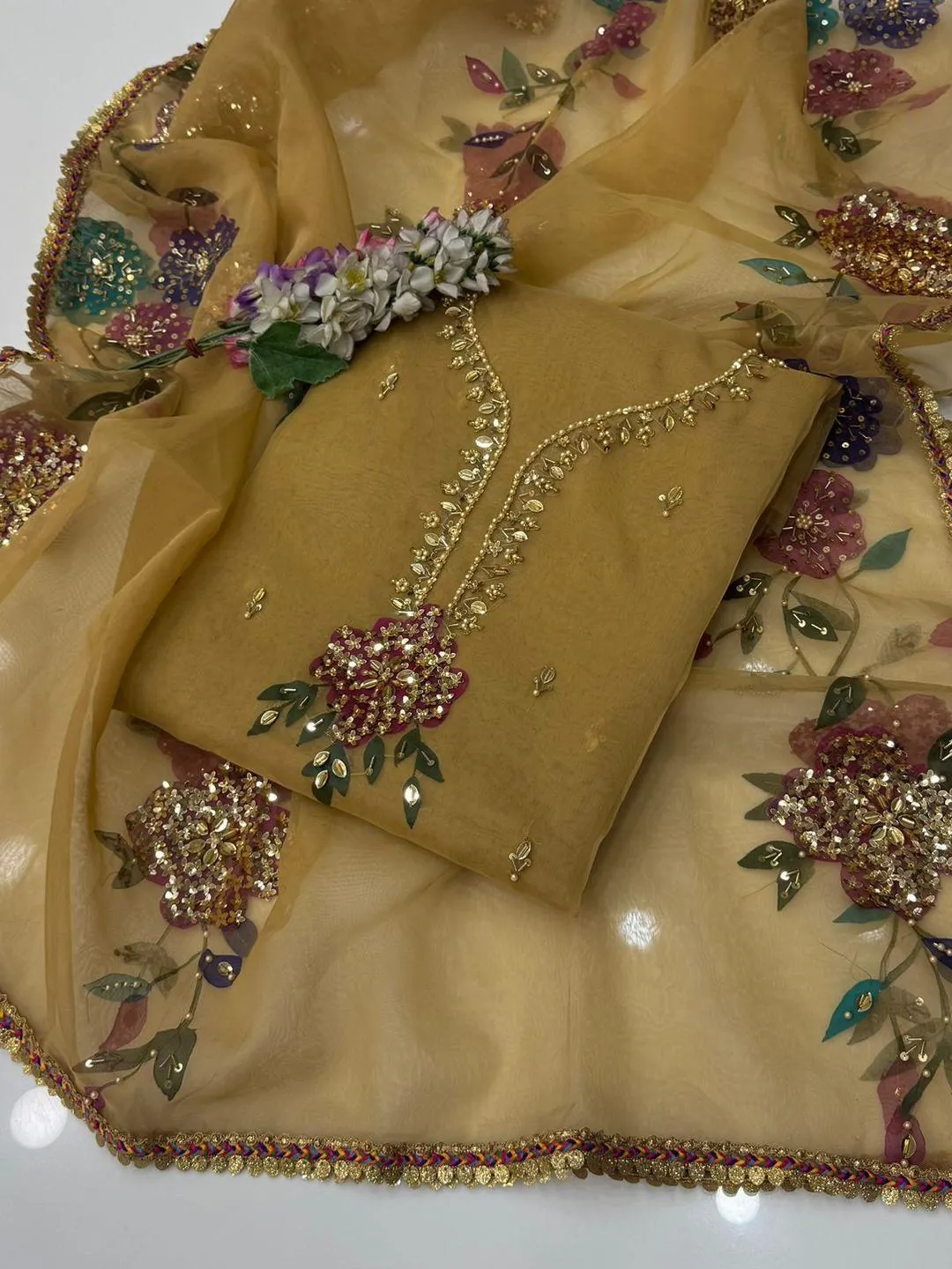 3 Pcs Women’s Unstitched Organza Hand Work Suit