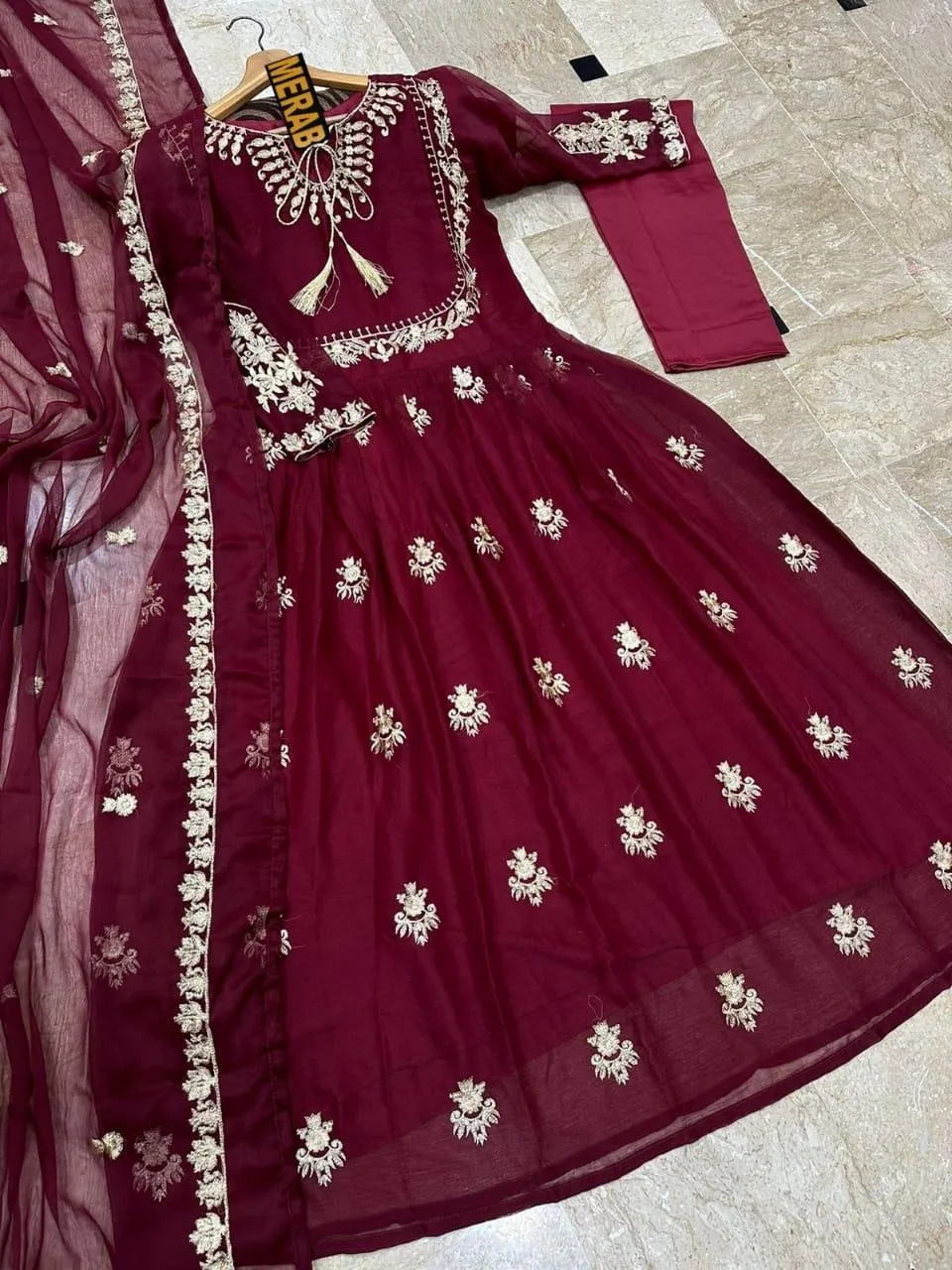 3 Pcs Women's Stitched Chiffon Embroidered Maxi Suit - Image 2