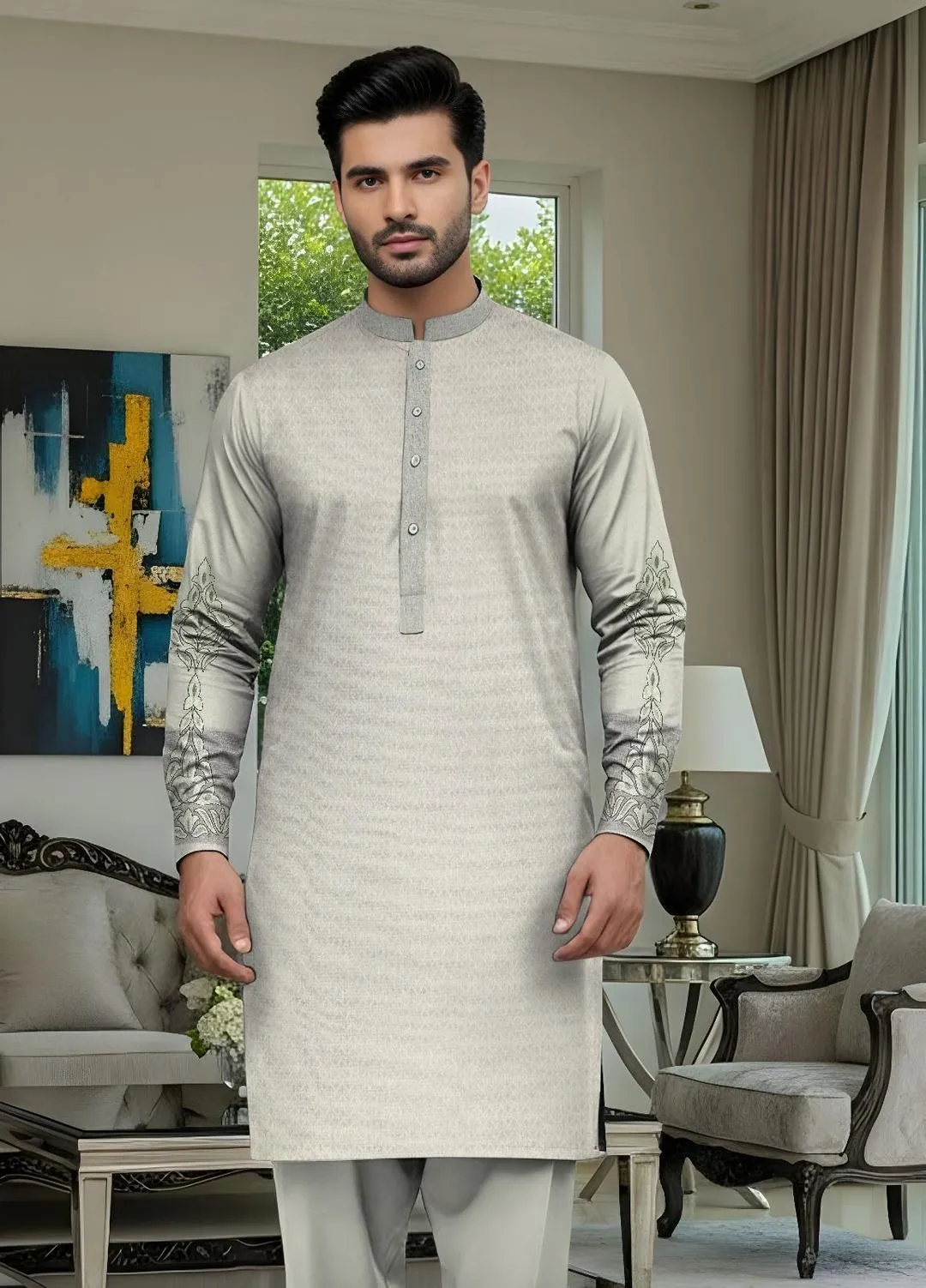 Men’s Unstitched Paper Cotton Embroidered Suit