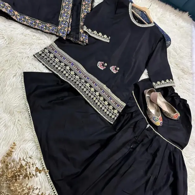 3 Pcs Women’s Stitched Shamoz Silk Sequins Gharara Shirt