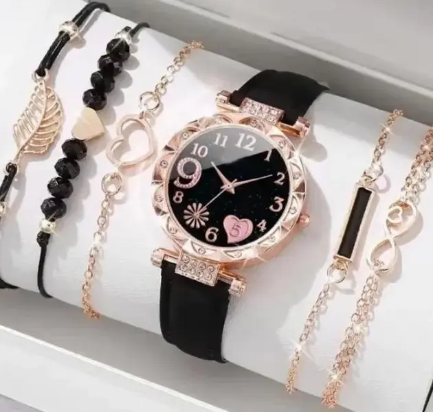 6 Pcs Heart Design Gold Plated Beads Chain Bracelet