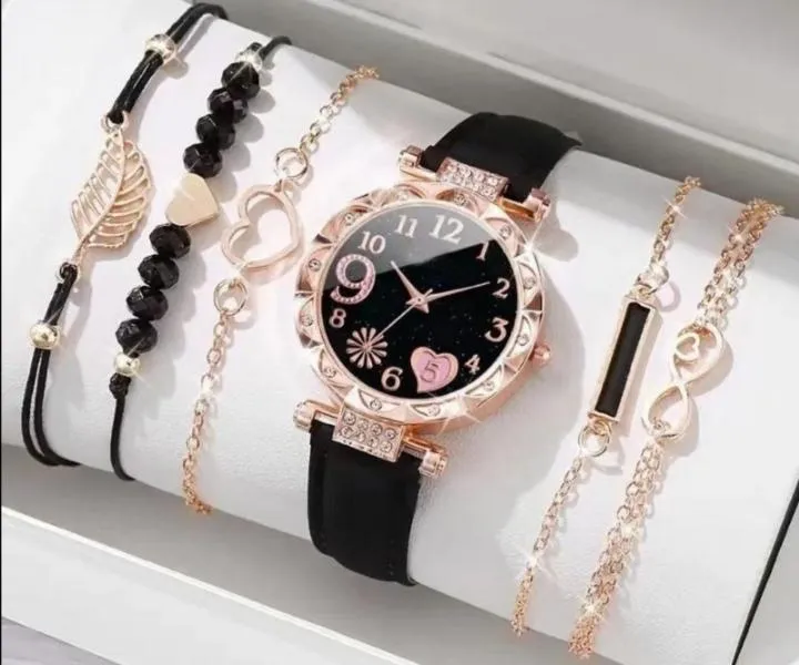 6 Pcs Heart Design Gold Plated Beads Chain Bracelet