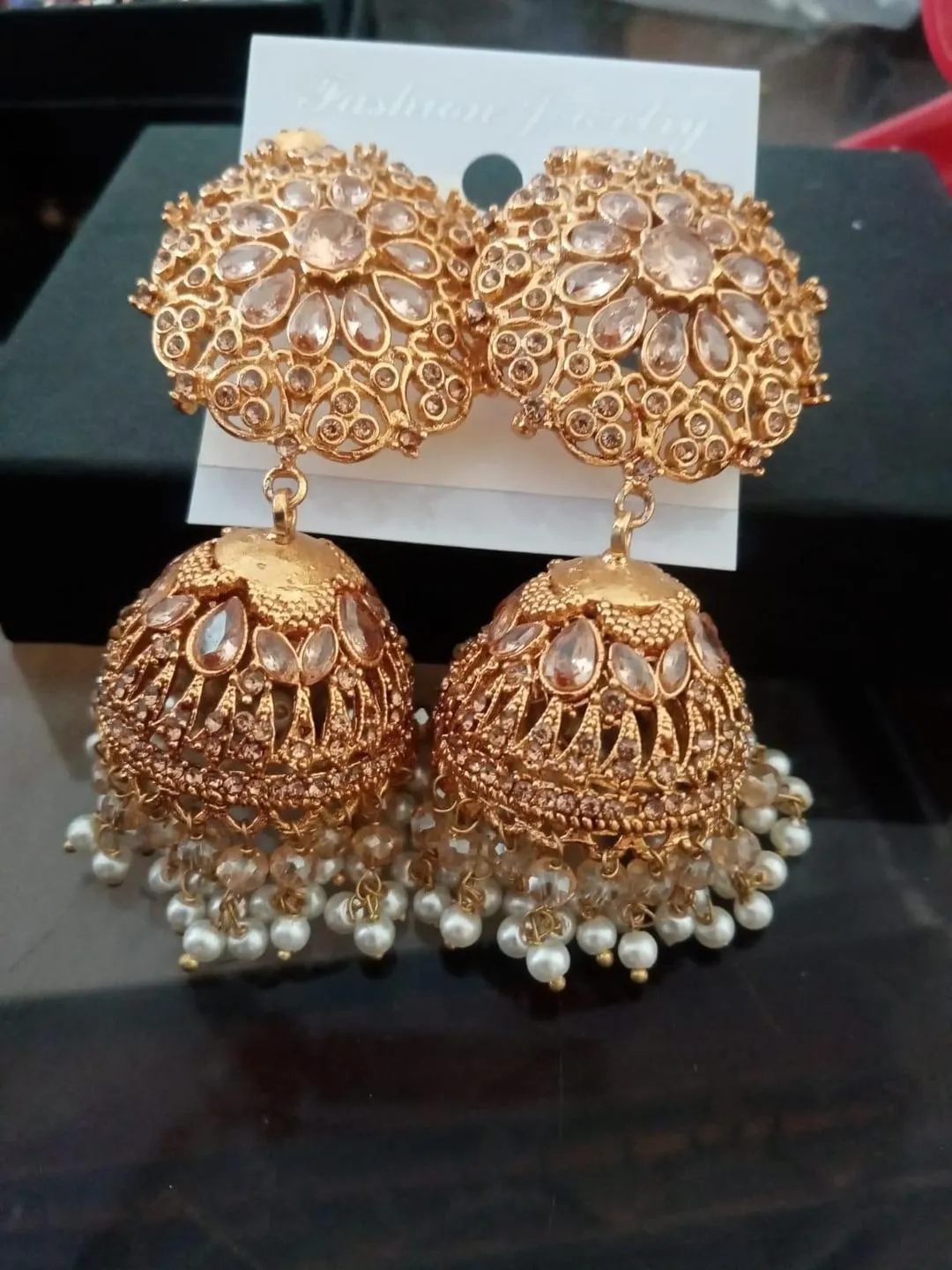 2 Layered Antique Plated Artificial Stones Jhumka - Image 2