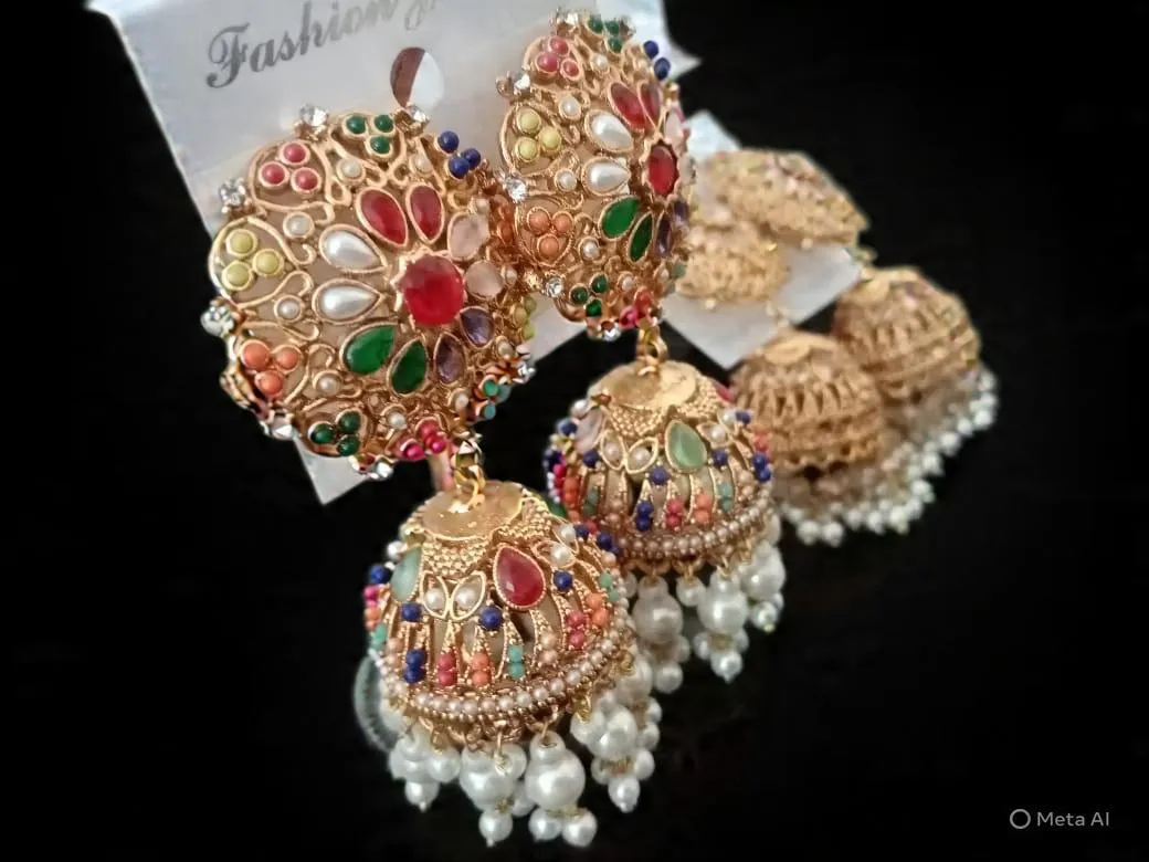 2 Layered Antique Plated Artificial Stones Jhumka - Image 3