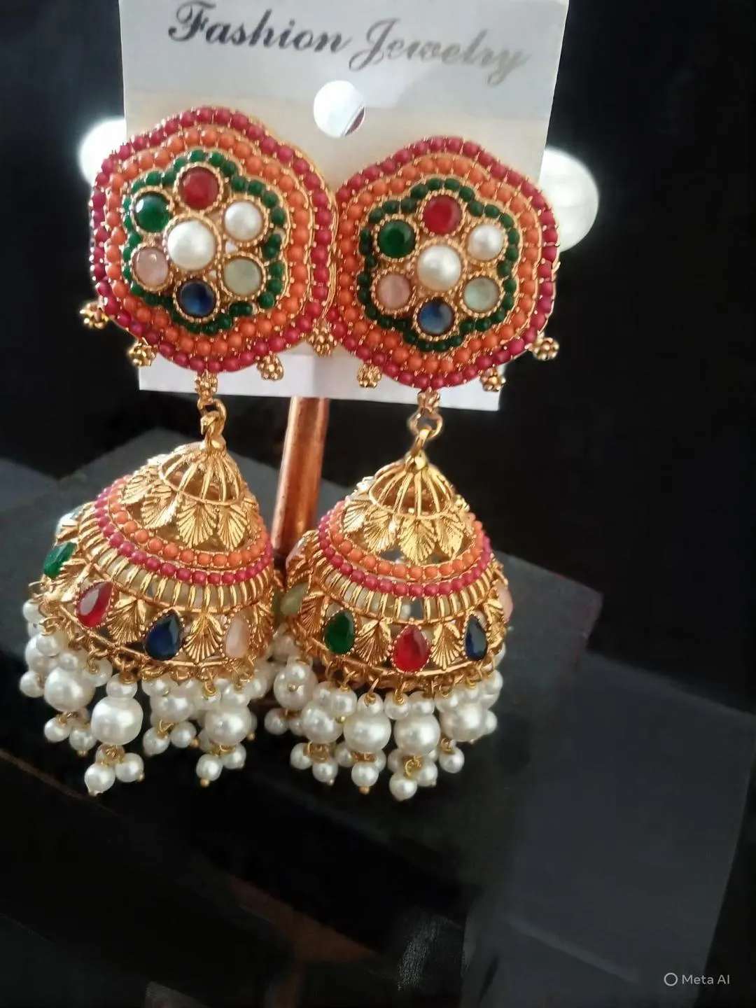 2 Layered Antique Plated Artificial Stones Jhumka - Image 4