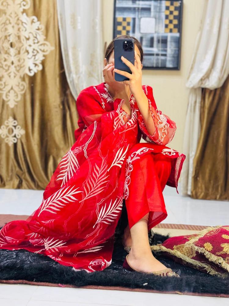 3 Pcs Women's Stitched Fancy Organza Embroidered Suit - Image 2