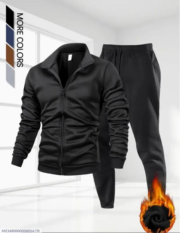 2 Pcs Men's Fleece Plain Zipper Track Suit - Image 9