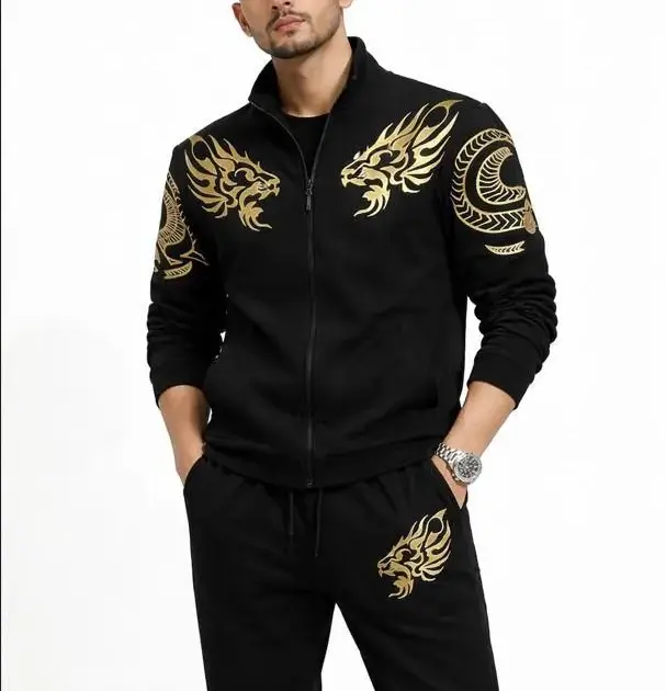 2 Pcs Men's Fleece Printed Zipper Track Suit