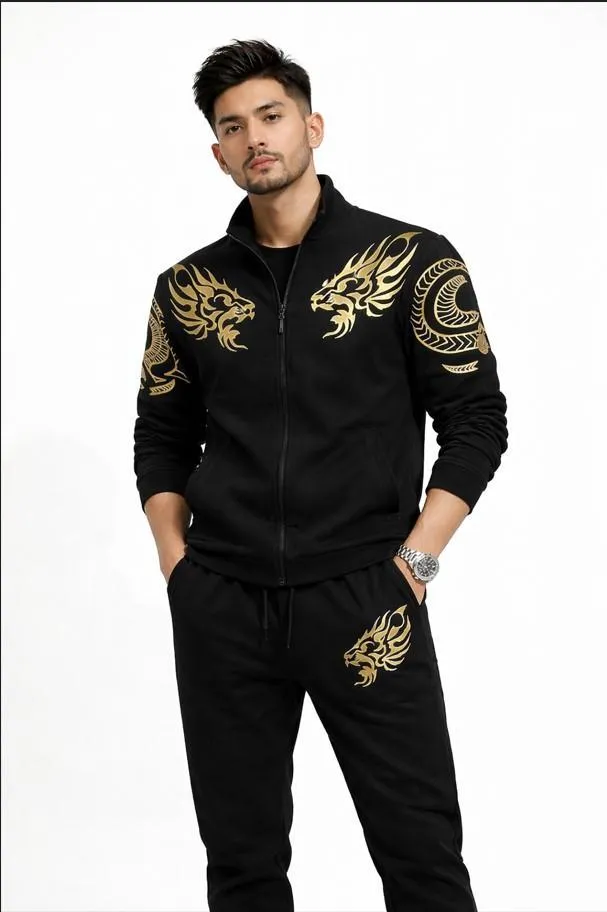 2 Pcs Men's Fleece Printed Zipper Track Suit - Image 2