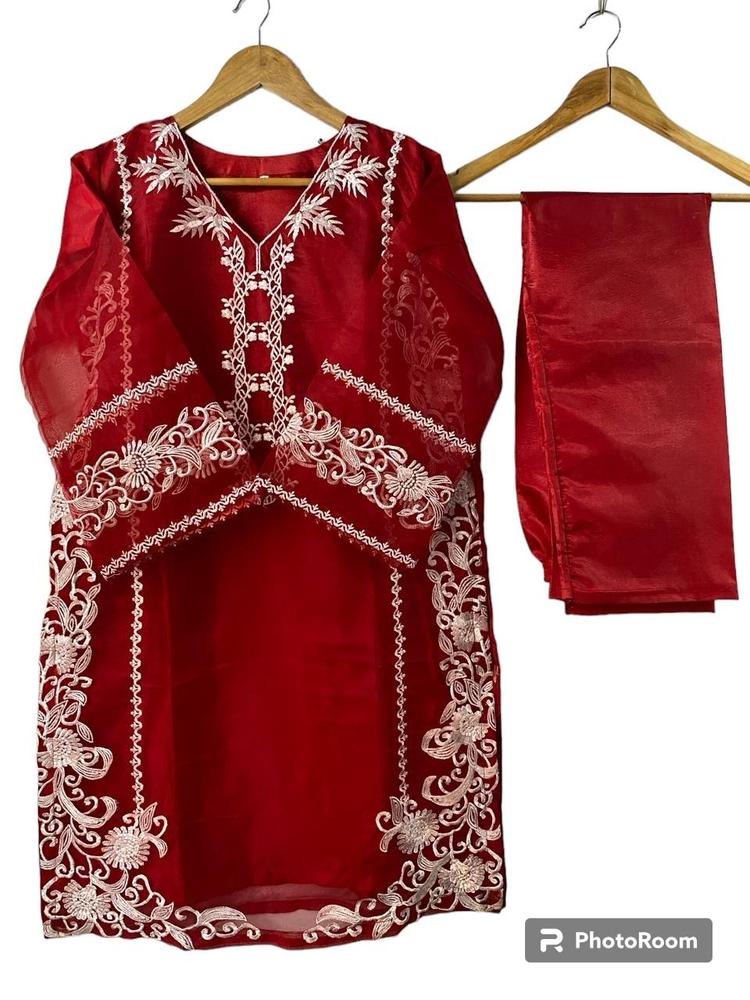 3 Pcs Women's Stitched Fancy Organza Embroidered Suit - Image 2