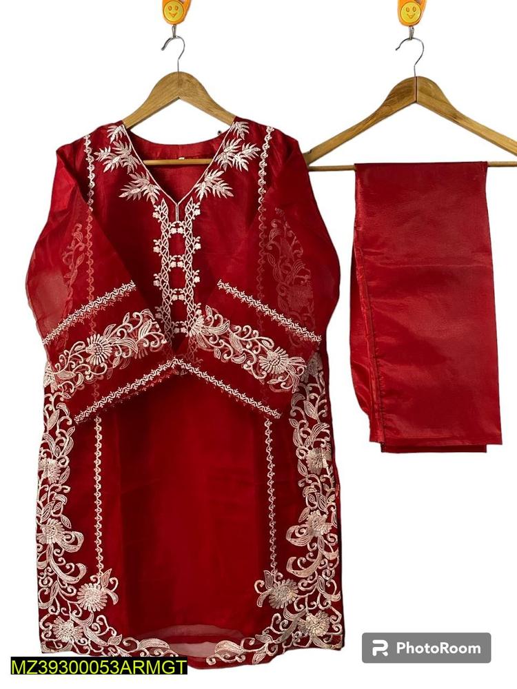 3 Pcs Women's Unstitched Fancy Organza Cut-work Embroidered Suit - Image 3