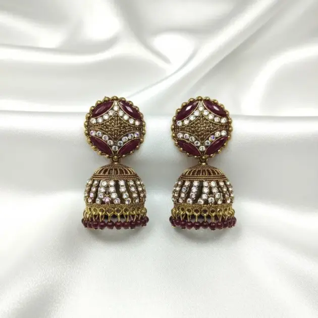Stunning 2 Pcs Green & Maroon Alloy Jhumka Earrings