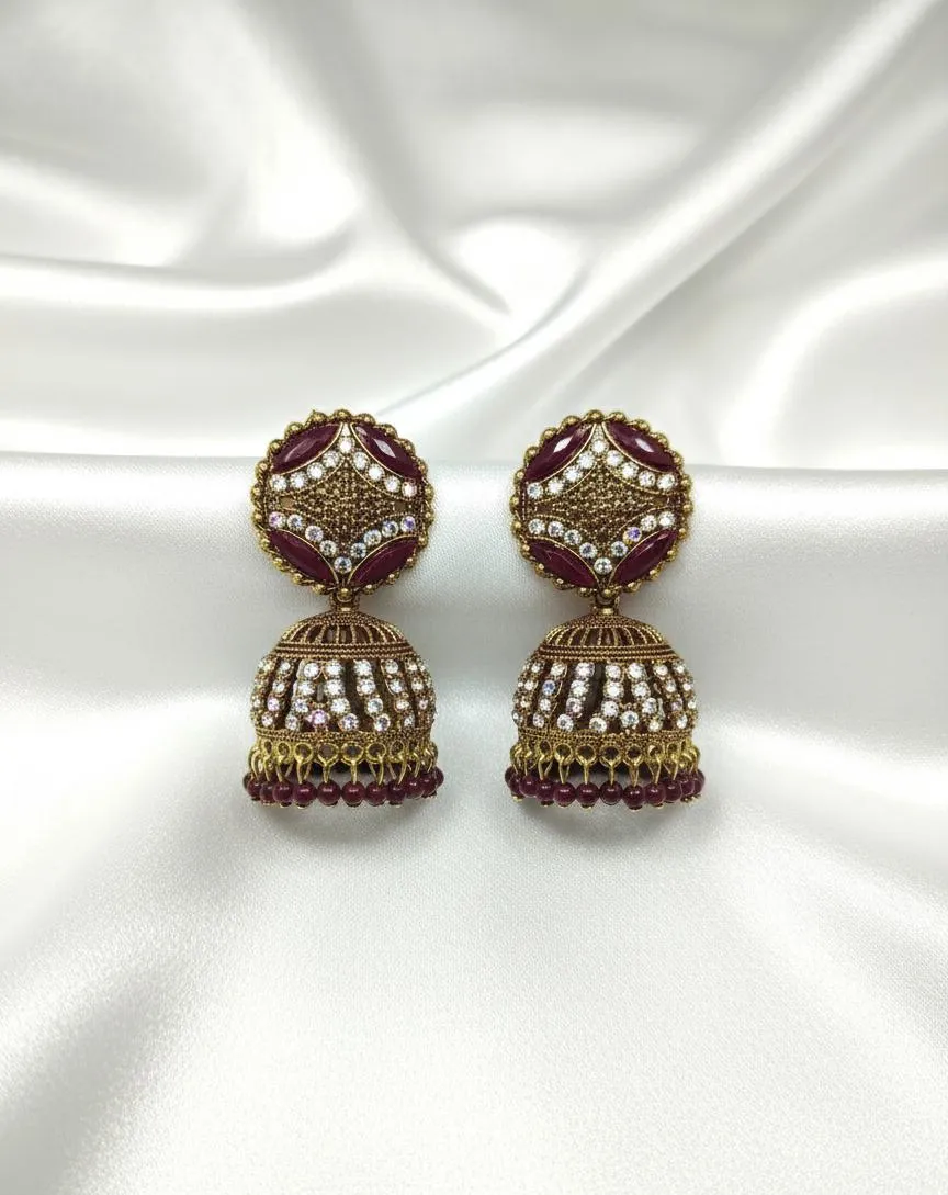 Stunning 2 Pcs Green & Maroon Alloy Jhumka Earrings