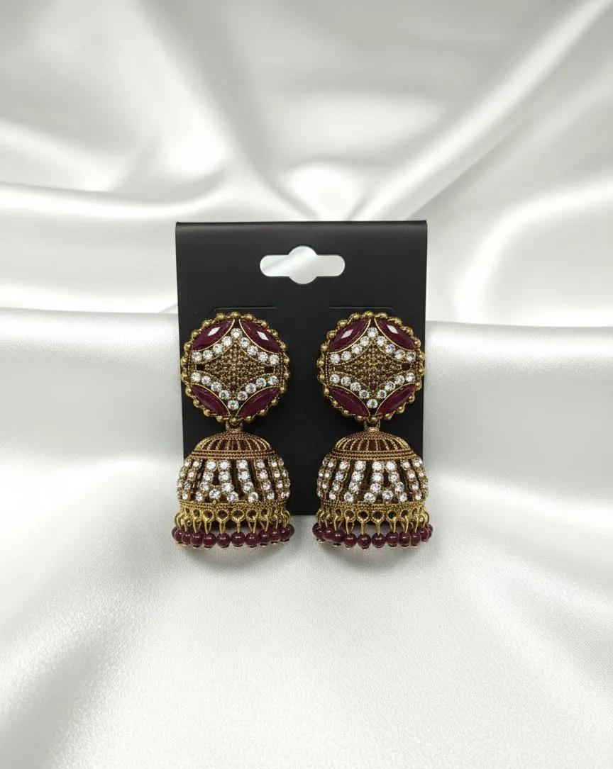 Stunning 2 Pcs Green & Maroon Alloy Jhumka Earrings - Image 2