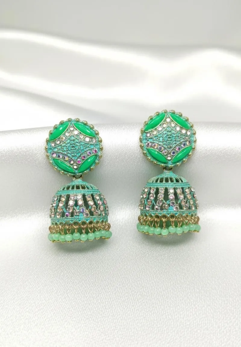 Stunning 2 Pcs Green & Maroon Alloy Jhumka Earrings - Image 3