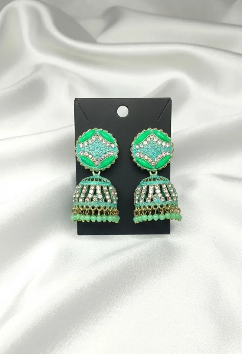 Stunning 2 Pcs Green & Maroon Alloy Jhumka Earrings - Image 4